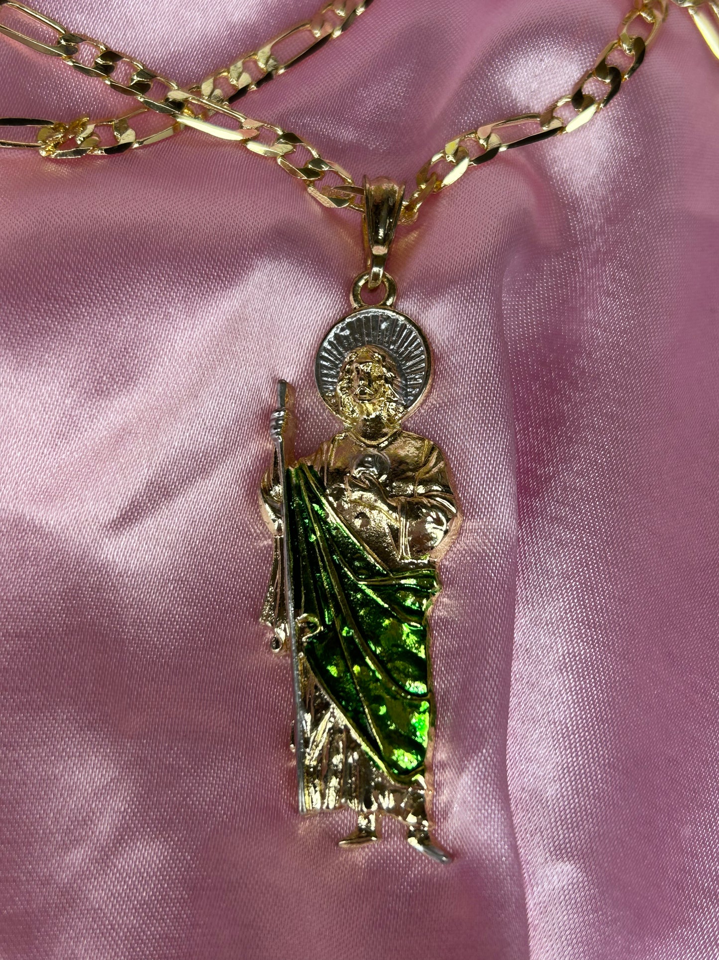 san judas green cape necklace