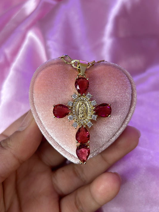 fuchsia virgen cross necklace