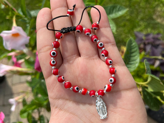 Red Evil Eye Virgencita Silver Adjustable